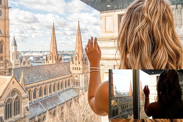 before and after of a wedding photo, the woman is llok out through a window