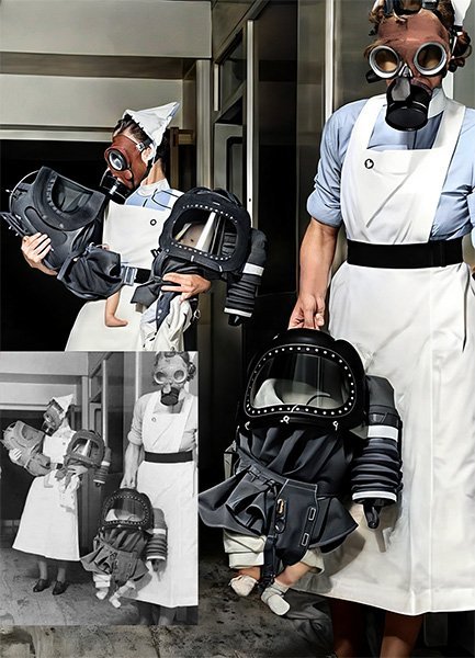 gas masked babies and nurses ww2