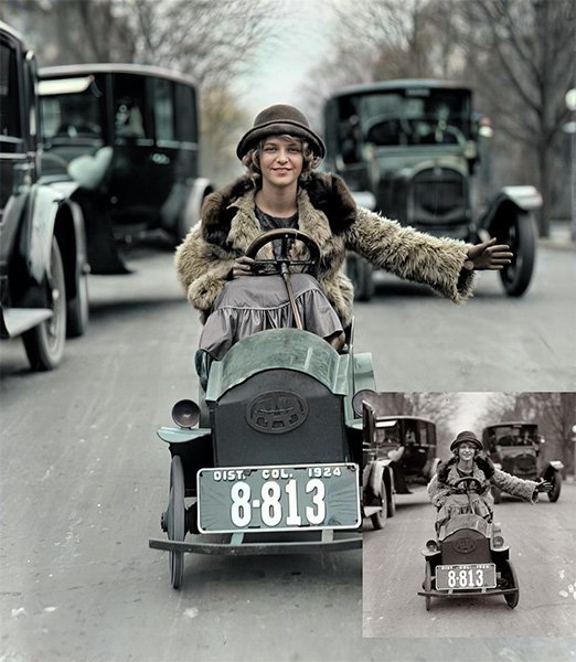 photo restoration before and after of a woman driving a old classic mini car