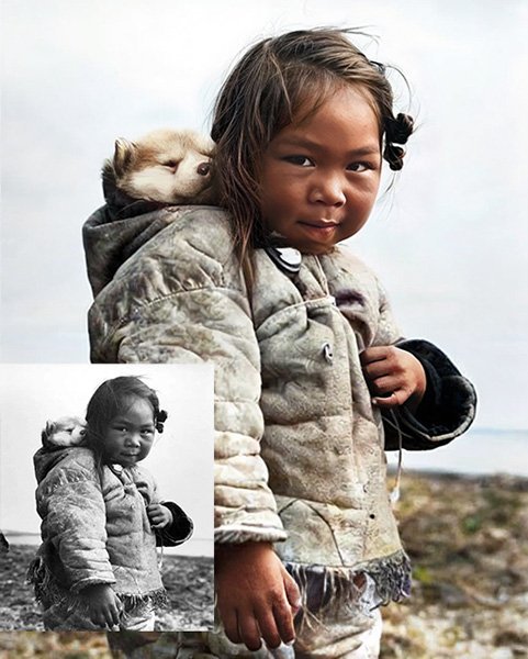 Inuit child with her Husky