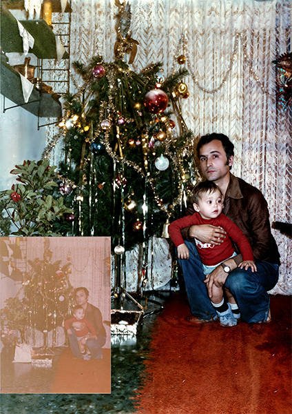 restored damaged photo of a father and son in front of a christmas tree | photo restoration melbourne