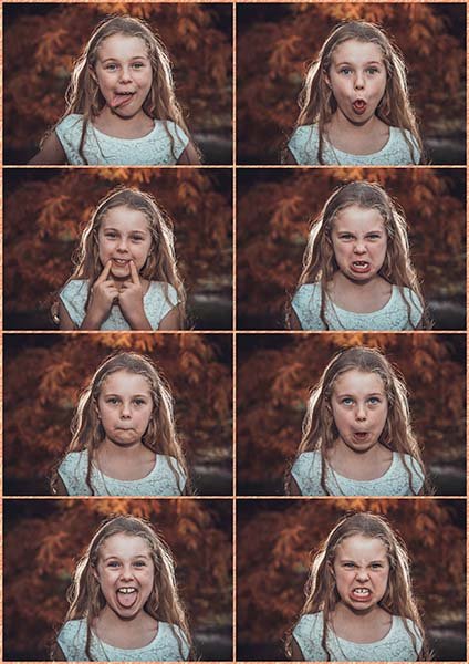 multiple portraitsof a girl pulling funny faces